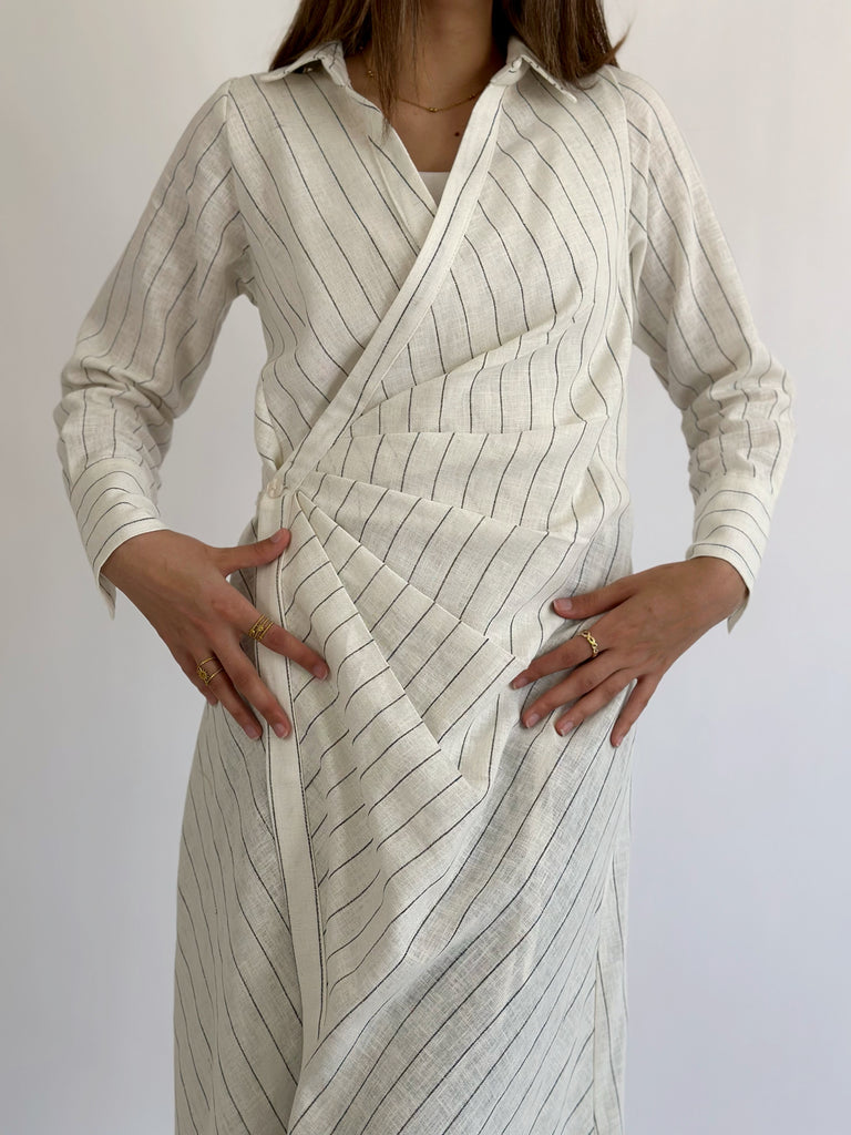 Wrap Drapes Linen Dress Cream