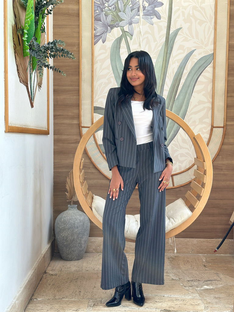 Strippy Suit Cropped Jacket Grey