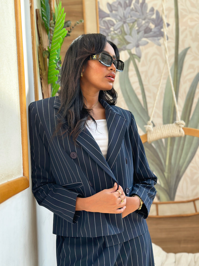 Strippy Suit Cropped Jacket Navy