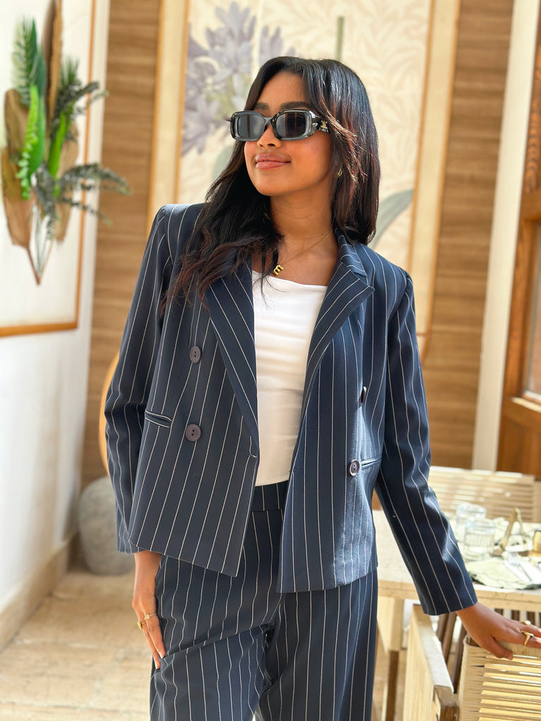 Strippy Suit Cropped Jacket Navy