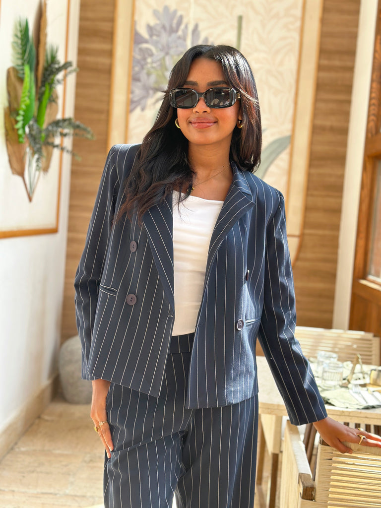 Strippy Suit Cropped Jacket Grey