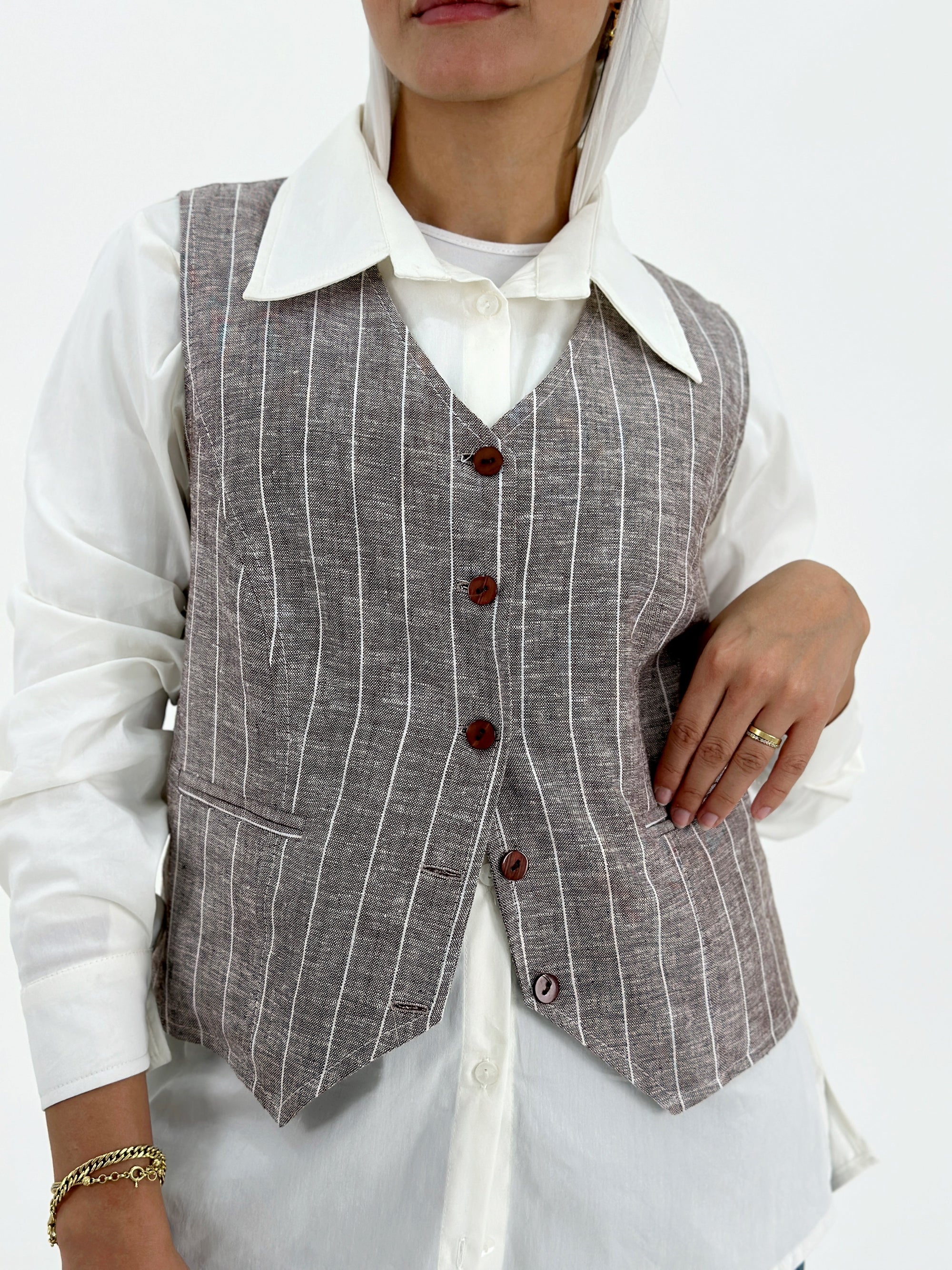 Strip Linen Vest Mocha