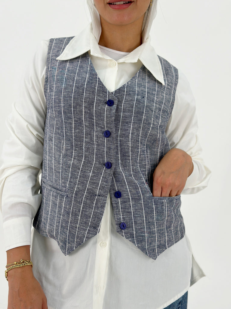 Strip Linen Vest Navy