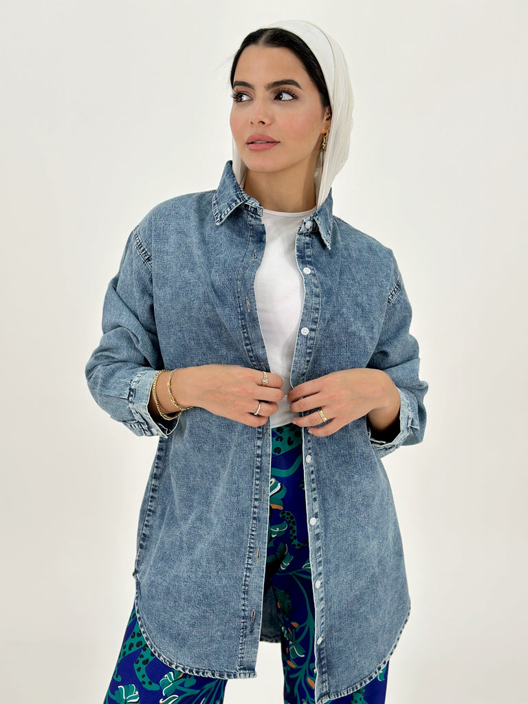 Long Basic Jeans Shirt Blue