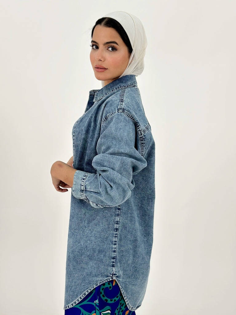 Long Basic Jeans Shirt Blue