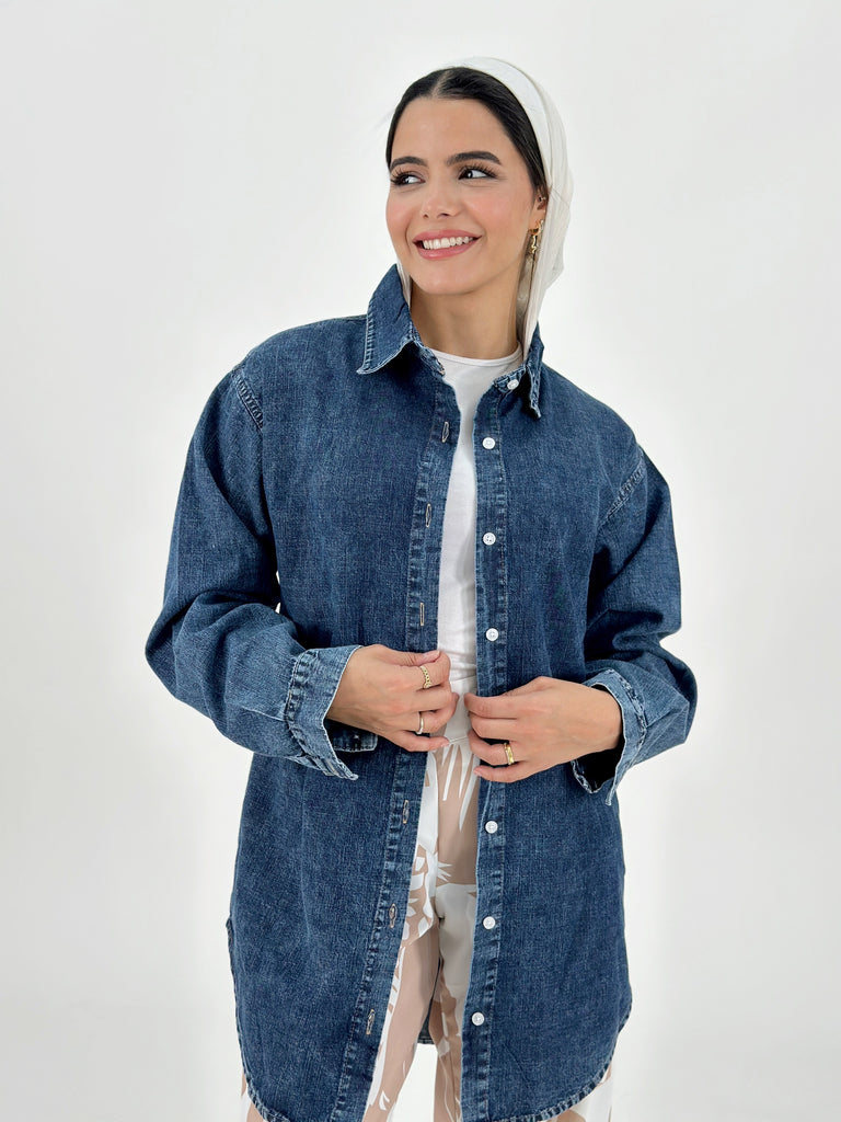 Long Basic Jeans Shirt Night Blue