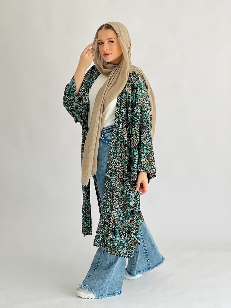 Boho Arabesques Kimono Emerald Green