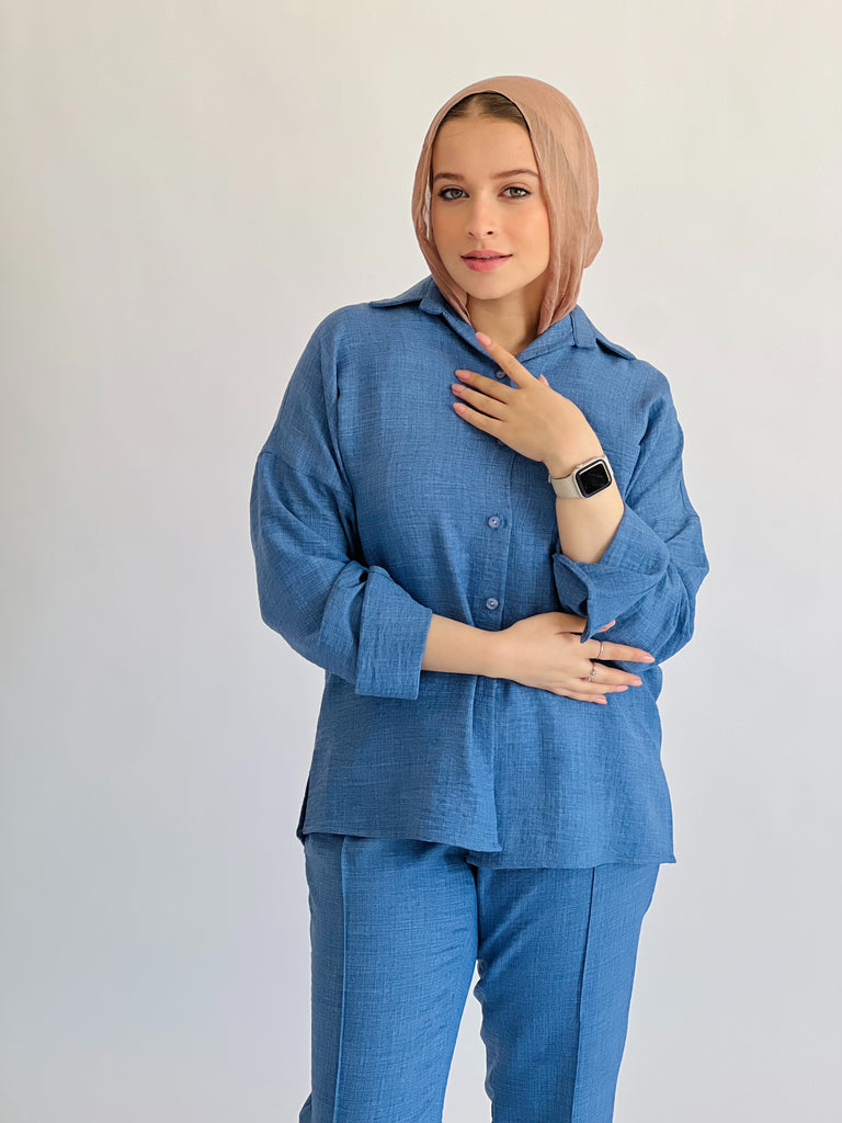 Glamy Everyday Lin Set Shirt Blue