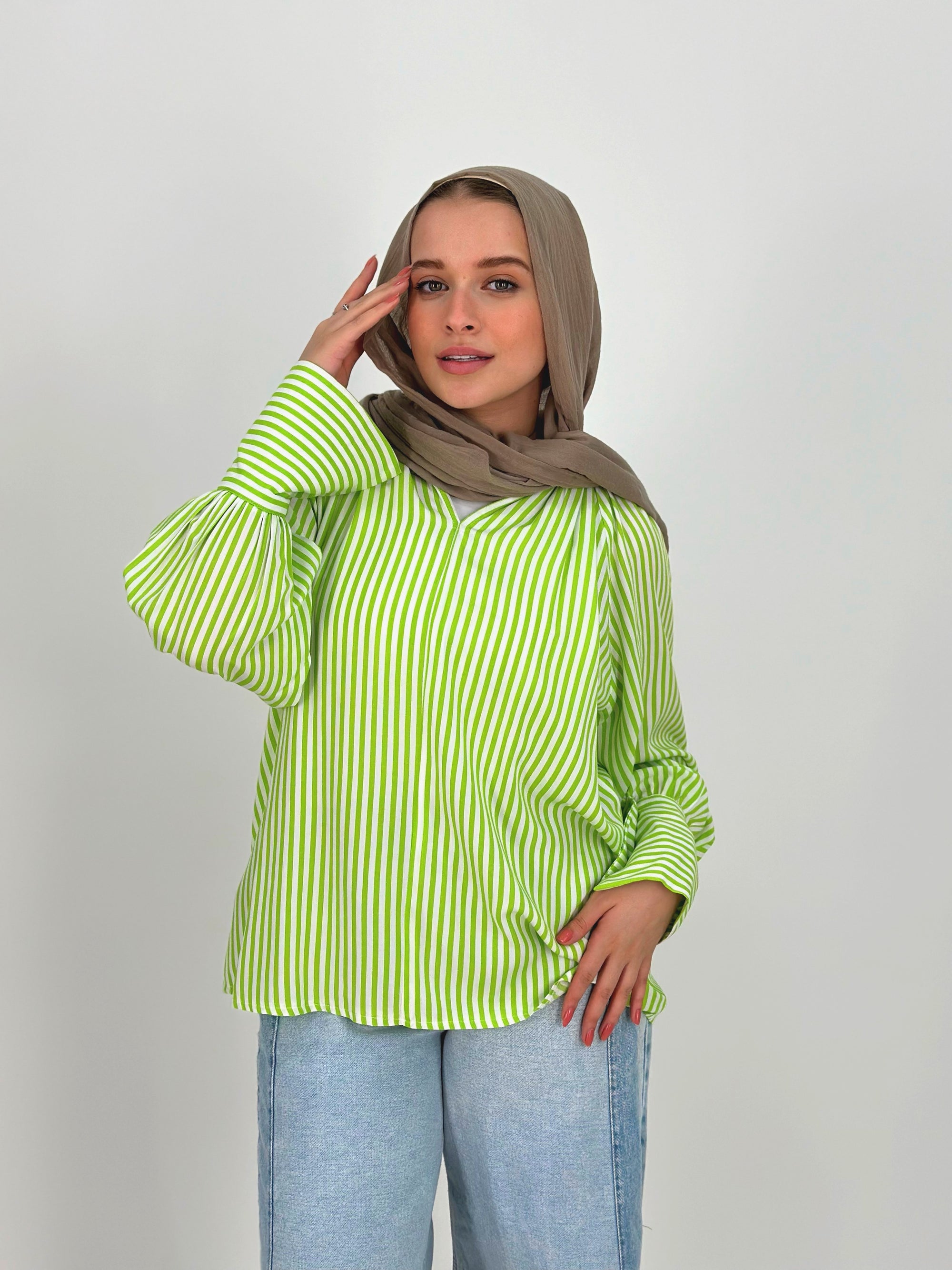 Strippy Cotton Blouse Electric Green