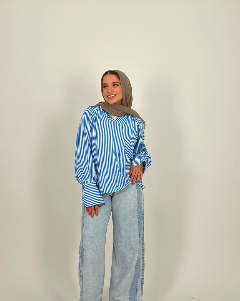 Strippy Cotton Blouse Baby Blue