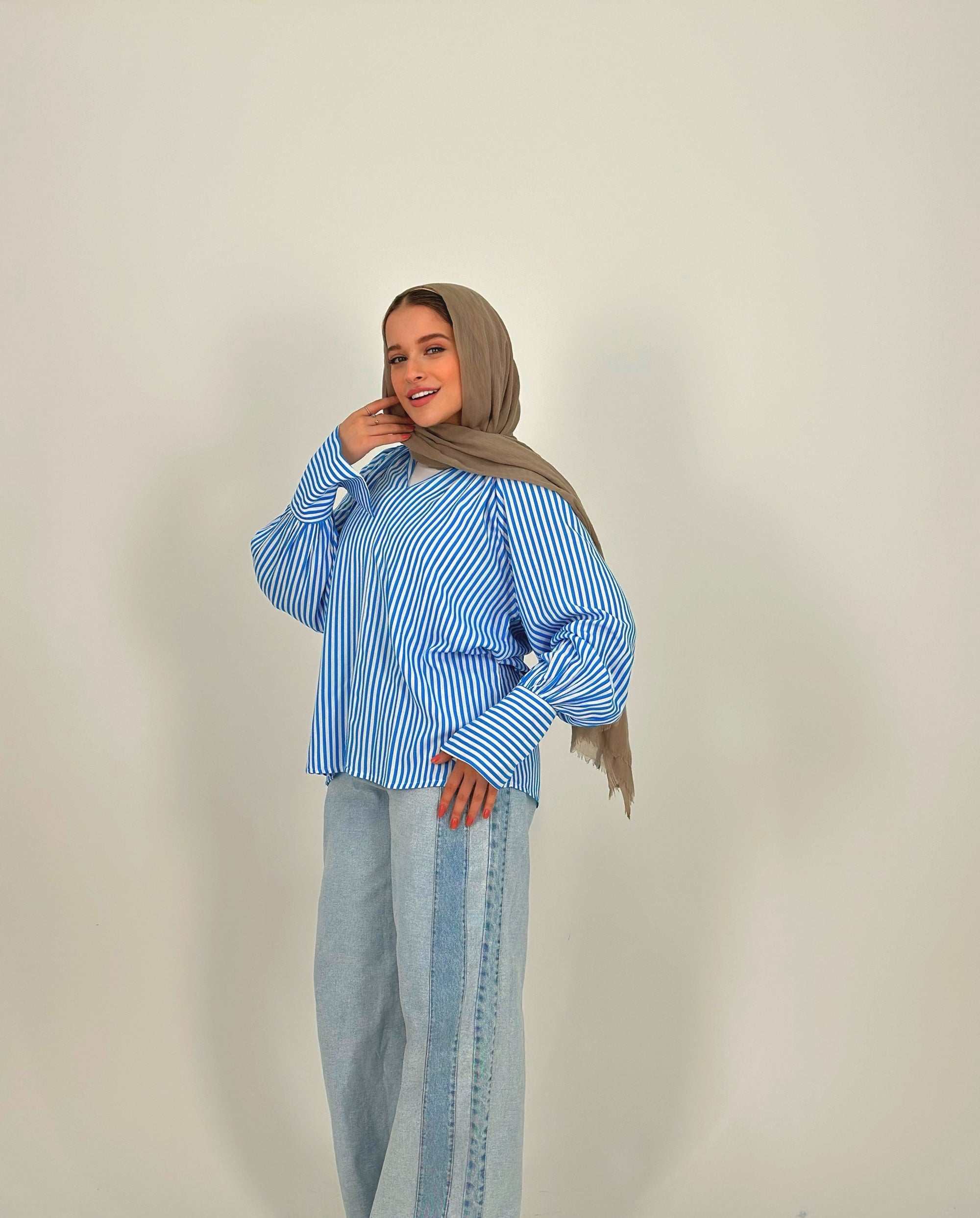 Strippy Cotton Blouse Baby Blue