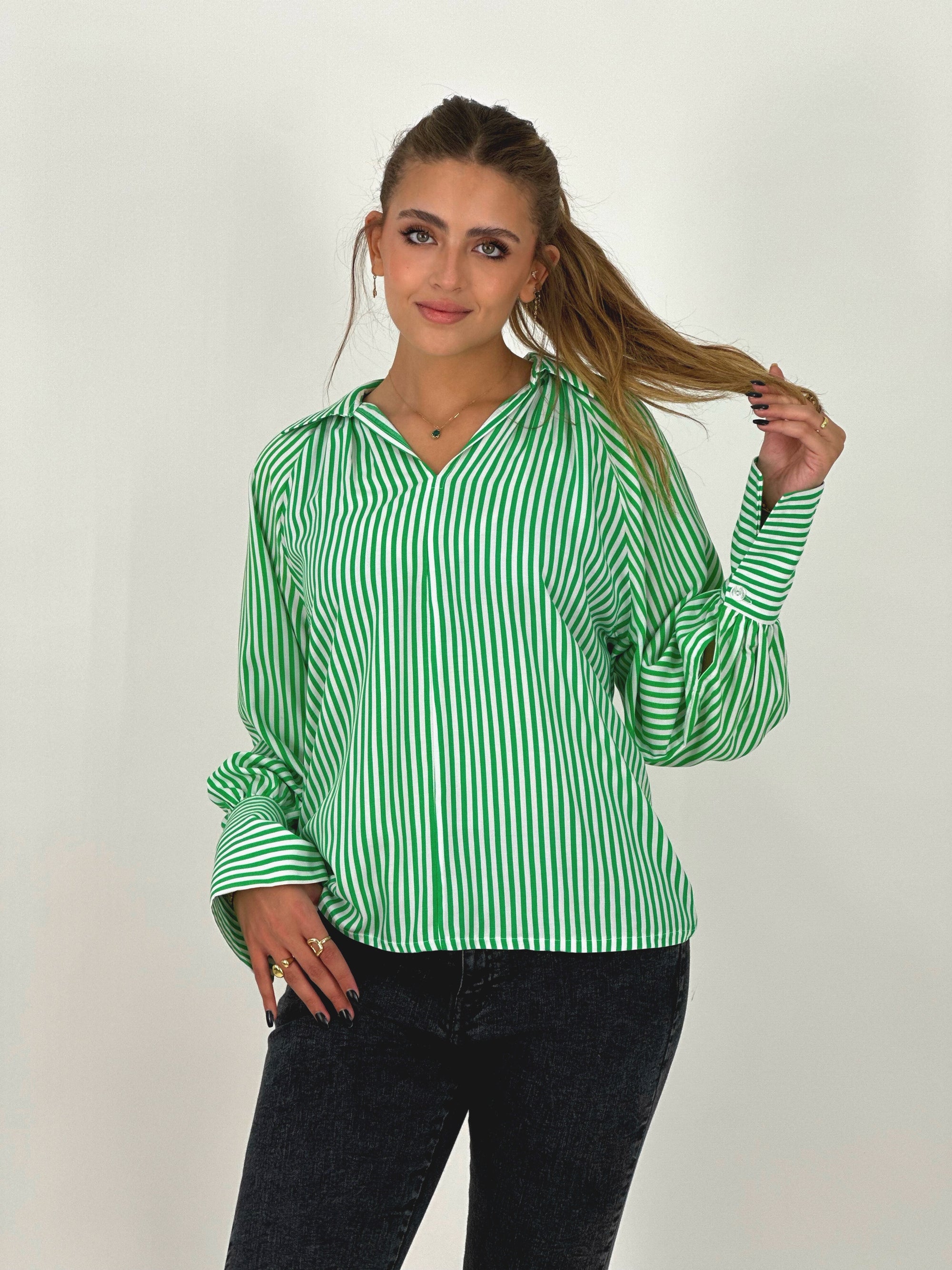 Strippy Cotton Blouse Green