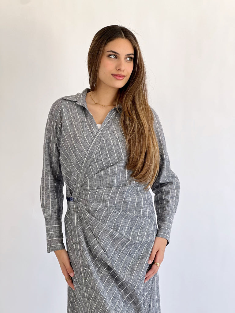 Wrap Drapes Linen Dress Heather Grey