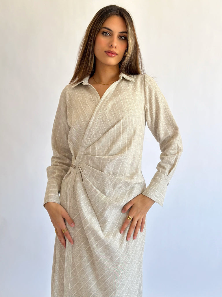 Wrap Drapes Linen Dress Oatmeal